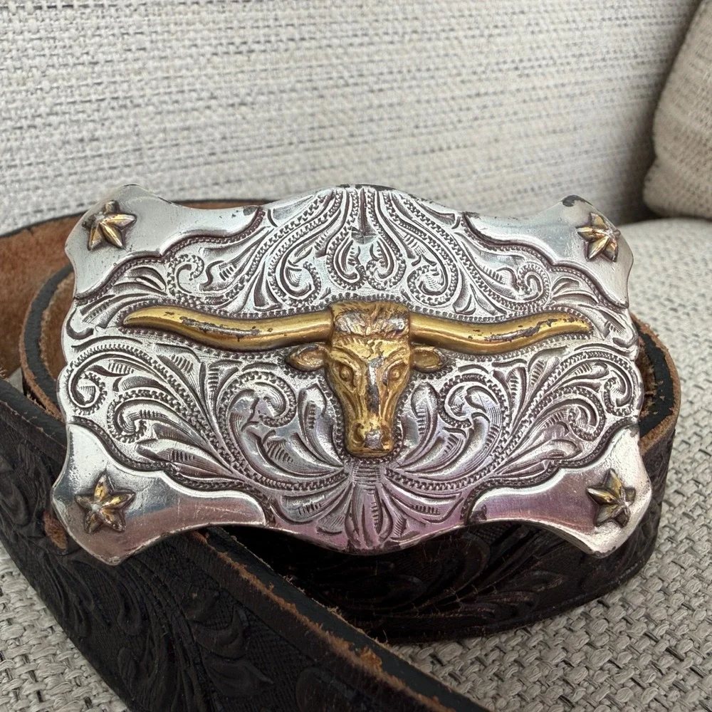 Tony Lama Kids Black Tooled Leather Belt Silver Gold Longhorn Buckle 22